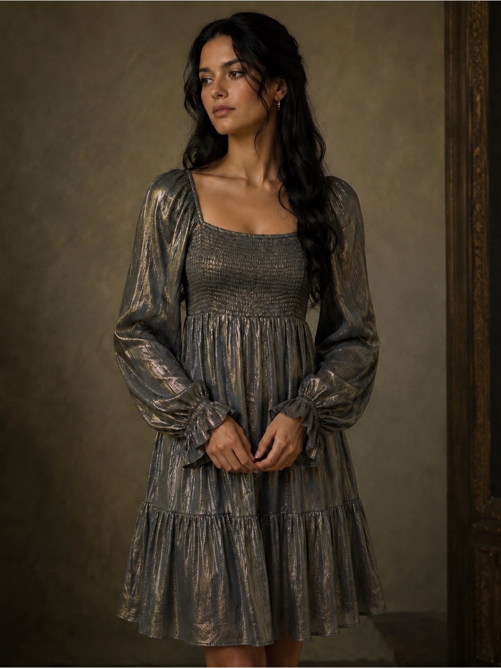Berry N Cream Smocked Square Neck Long Sleeve Metallic Dress - Bronze Whimsigoth
